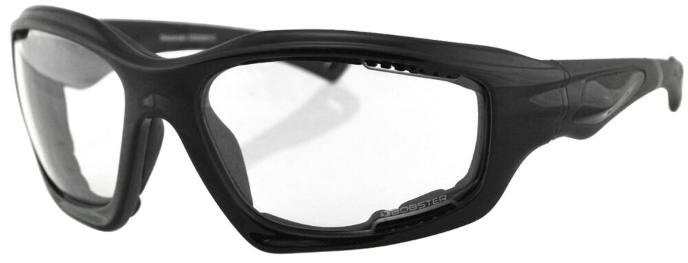 Bobster Desperado Glasses, gloss black frame with clear lens. Angled left