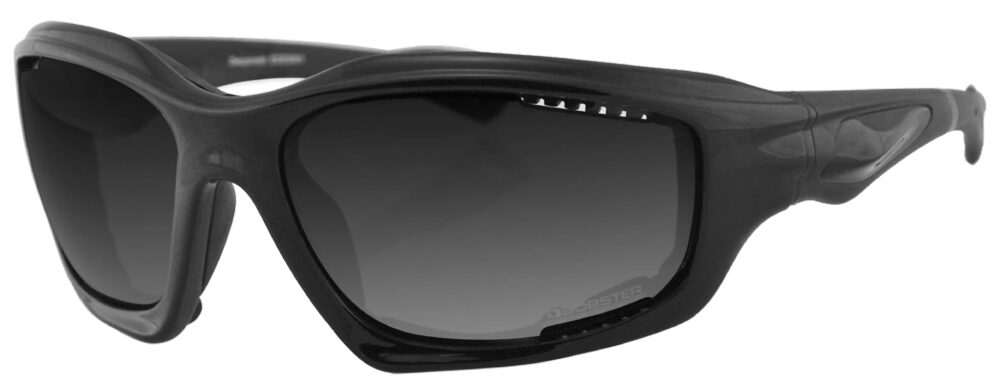 Bobster Desperado Sunglasses, gloss black frame with smoke lens. Angled left