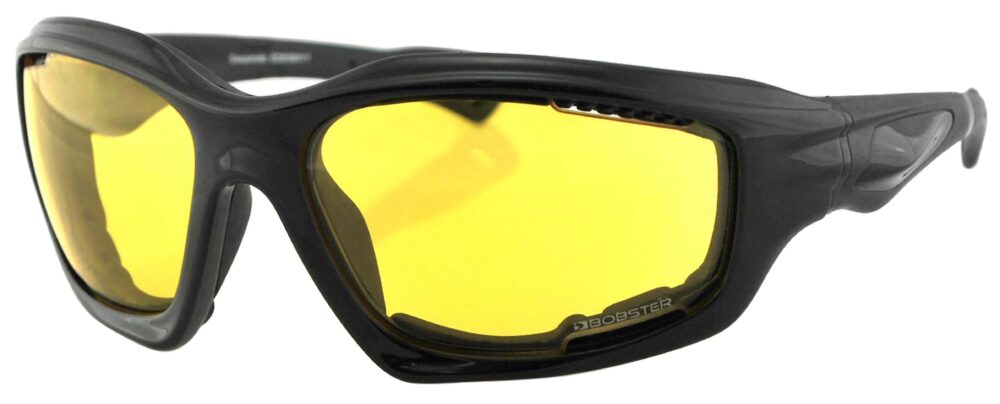 Bobster Desperado Sunglasses, gloss black frame with yellow lens. Angled left