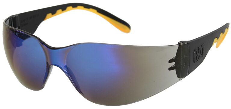 Caterpillar Track Safety Glasses, with Blue Mirror Lens. Angled Left