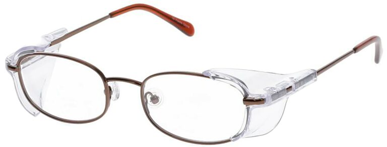 OnGuard SG 105 Prescription Safety Glasses, in a Brown Frame with Side Shields. Angled left side