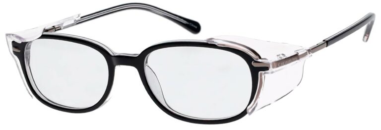 OnGuard SG 111 Prescription Safety Glasses, in a Black Clear Frame with Side Shields. Angled left side