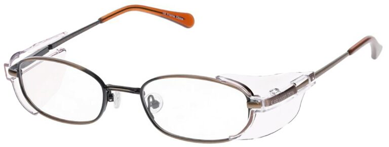 OnGuard SG 118 Prescription Safety Glasses, in an Antique Brown Frame with Side Shields. Angled left side