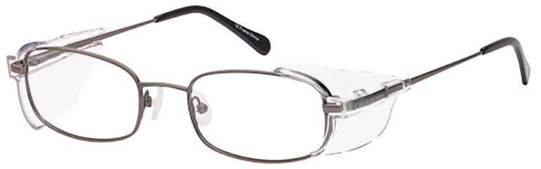 OnGuard SG 122 Prescription Safety Glasses, in a Matte Gray Frame with Side Shields. Angled left side