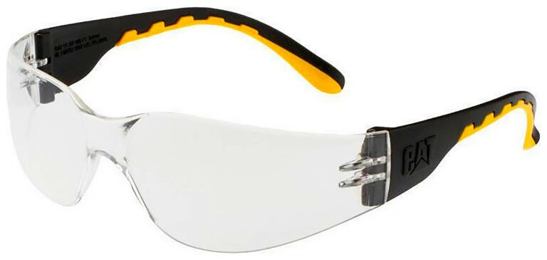 OnGuard Track Safety Glasses in a Black and Yellow Frame with Clear Lens. Angled Left