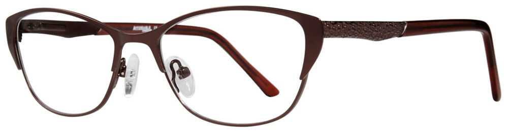 Affordable Designs Jenelle Eyeglasses, Burgundy frame. Angled left