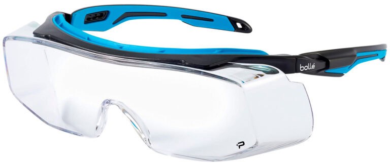 Bolle Tryon OTG Safety Glasses in a Black and Blue Frame with Clear Platinum Lenses. Angled Left