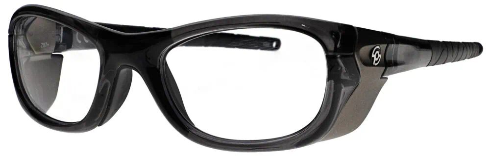 RX Q100 Prescription Safety Glasses in Black Frame with Clear Lens, Angled Left. RX-Q100-BK