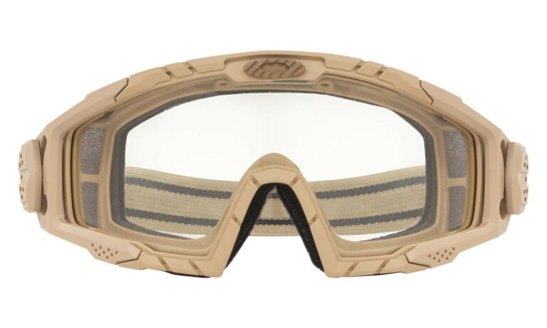 Standard Issue Ballistic Goggles 2.0 in Desert Tan with Clear Lenses Angled to the Front