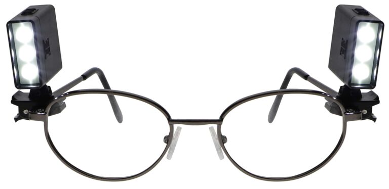 LED Clip-On Light Turned on, attached to glasses