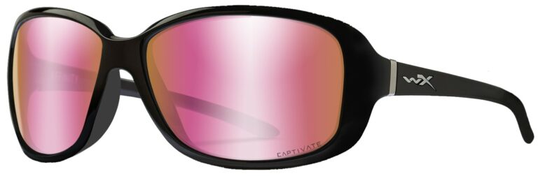 Wiley X Affinity in Gloss Black Frame with Captivate Polarized Rose Gold Mirror Lenses, Angled to the Side Left