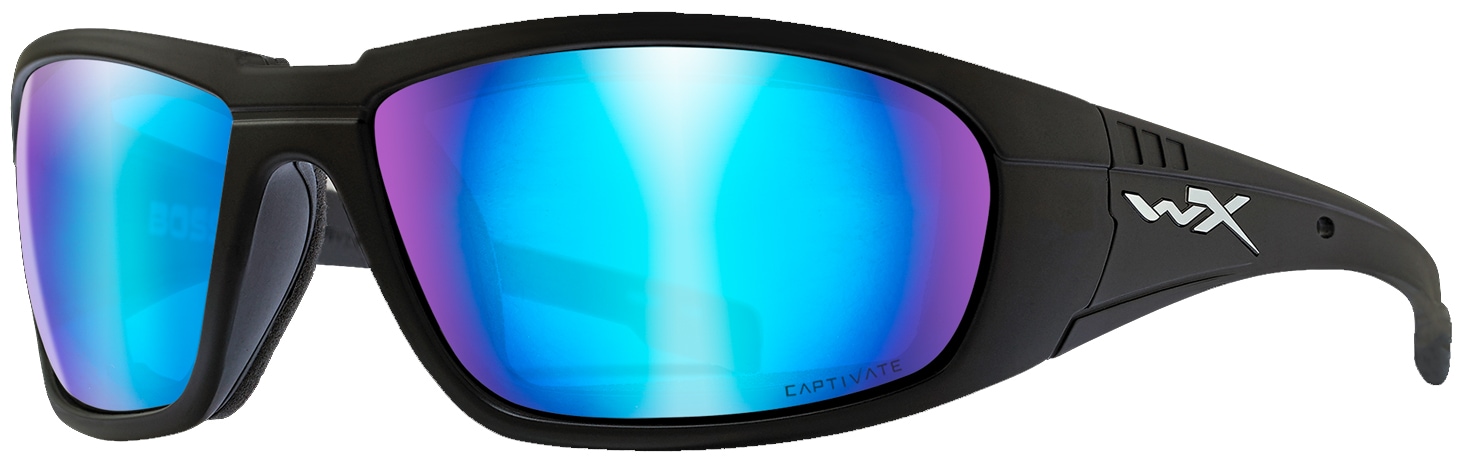 Wiley X Boss in Matte Black Frame with Captivate Polarized Blue Mirror Lenses, Angled to the Side Left