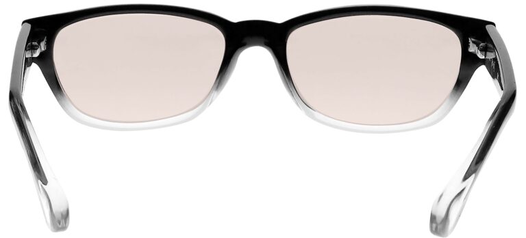 Real Glass Lens Reading Glasses in Black Clear Fade Frame with UV Blocking Pink Lens, Angled Rear