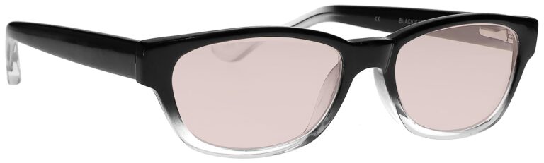 Real Glass Lens Reading Glasses in Black Clear Fade Frame with UV Blocking Pink Lens, Angled Side Right