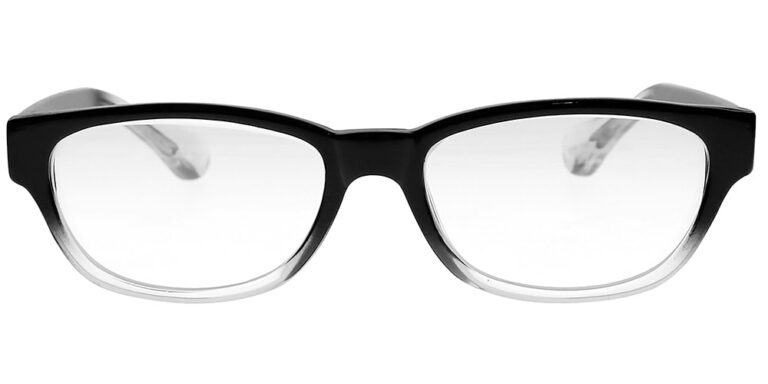 Real Glass Reading Glasses in Black Clear Fade, Angled Front
