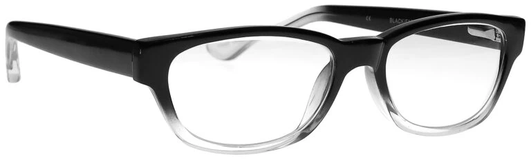 Real Glass Reading Glasses in Black Clear Fade, Angled Side Right