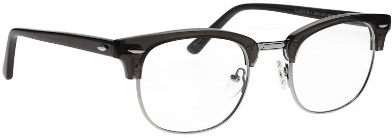 Real Glass Reading Glasses in Translucent Grey, Clubster Style Frame, Angled Side Right
