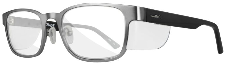 Wiley X Chase in a Matte Dark Gunmetal Frame with Side Shields, Angled Left Side. WX-WSCHS02