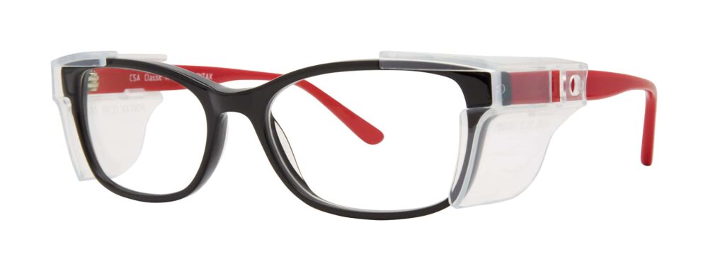 Pentax Classic 11 Glasses, Black and Red frame with side shields. Angled left