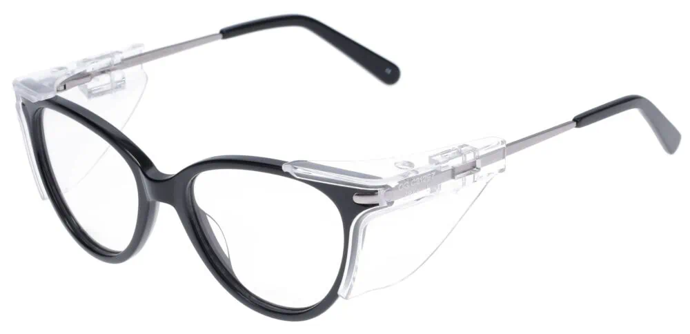 OnGuard C212 Prescription Safety Glasses, Black and Silver Frame. Angled left