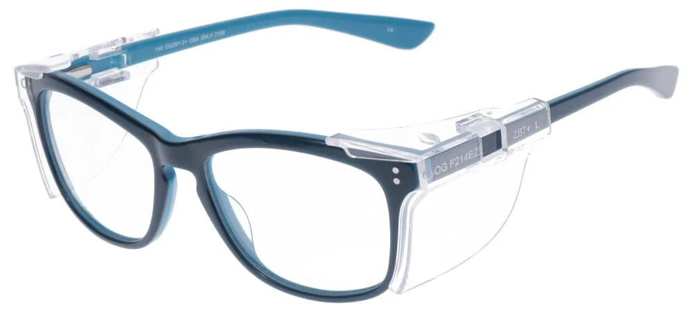 OnGuard F214 Prescription Safety Glasses, Teal frame. Angled left