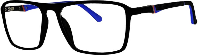 Vistanza ET1205 Prescription Glasses. Black and blue frame. Angled left
