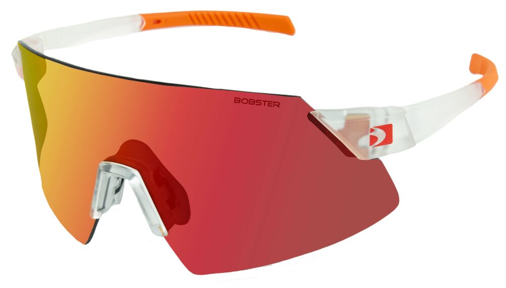 Bobster Cadence Sunglasses in a Matte Clear Orange frame with Smoke Black Red Revo lens. Angled left