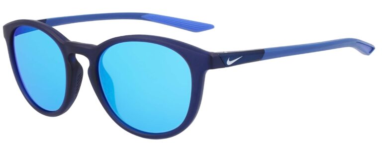 Nike Evolution Sunglasses. Matte Midnight Navy Frame with Blue Mirror Lenses. Angle left