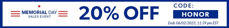Memorial Day Sale   20% Off  Code: HONOR  Ends:06/02/2023, at 11:59 pm EST
