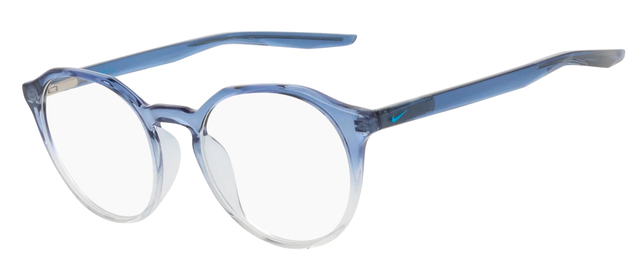 Nike 5077 Glasses, Midnight Navy/Football Grey Gradient. Angle-left.